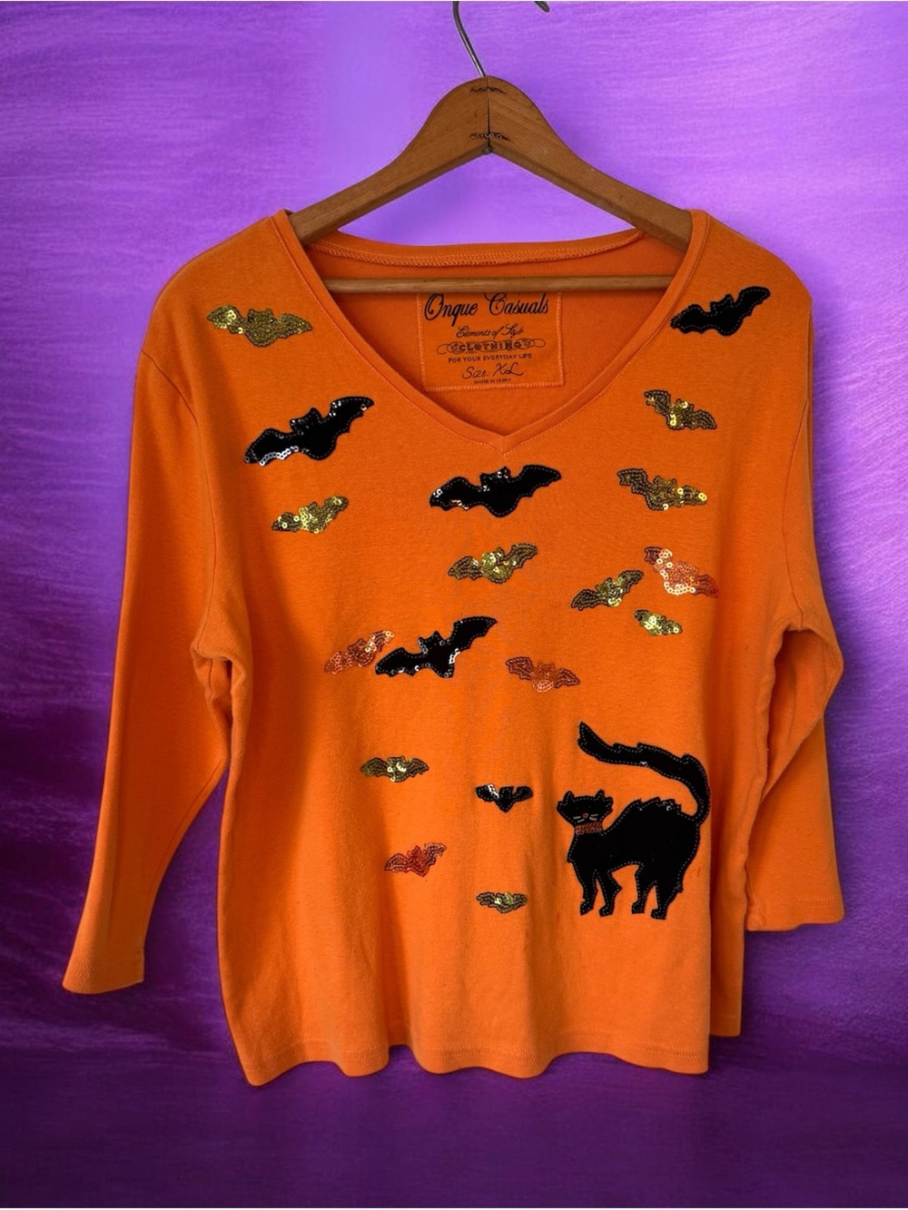 Onque Casuals Halloween Top XL Orange Black Cat Bats Sequin 3/4 Sleeve